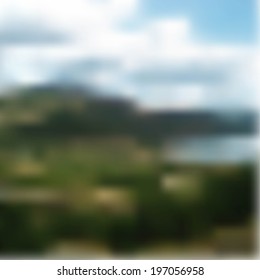 Blurred unfocused mountain landscape. Travel theme background, vector illustration. Template for web pages, mobile applications.