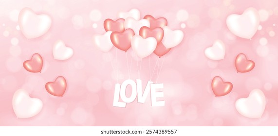 Blurred valentines day background with love letter flying by 3d heart balloon. for web, banner, template and poster. vector design in eps 10