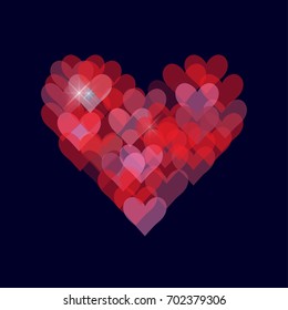 Blurred Vector Romantic Background with Heart shapes and light flashes or sparkles. Bokeh heart illustration.
