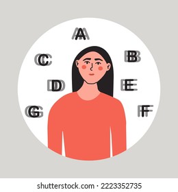 Blurred vision, difficulty of focusing concept. Eye problems. Symptom of diabetes, migrane, disease. Flat vector illustration.