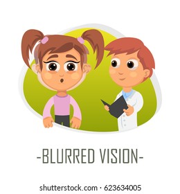 Blurred vision medical concept. Vector illustration. Doctor and patient are talking in the hospital. Isolated on white background.