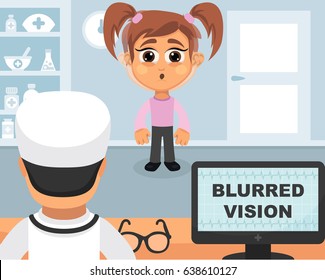 Blurred vision medical concept. Vector illustration. Doctor and patient are talking in the hospital. Isolated on white background.