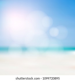 Blurred white sand beach with bokeh. Tropical island in summer. Vector illustration background.