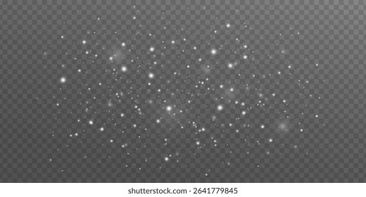 Blurred white snow particles on a transparent background. Magical ethereal light effect for festive or fantasy themes. Shimmering ambiance lights bokeh. Vector illustration.