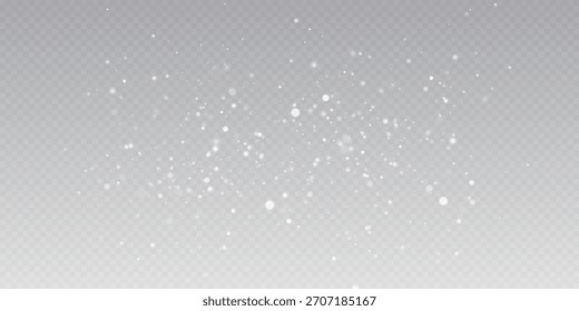 Blurred white snow particles on a transparent background. Christmas snowflakes magical ethereal light effect for festive or fantasy themes. Shimmering lights bokeh. Snow flakes, snow background.