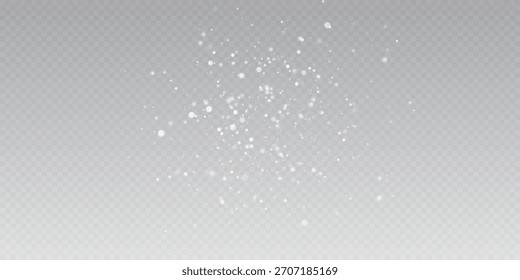 Blurred white snow particles on a transparent background. Christmas snowflakes magical ethereal light effect for festive or fantasy themes. Shimmering lights bokeh. Snow flakes, snow background.