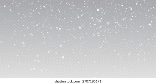 Blurred white snow particles on a transparent background. Christmas snowflakes magical ethereal light effect for festive or fantasy themes. Shimmering lights bokeh. Snow flakes, snow background.