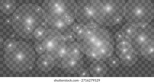 Blurred white snow particles on a transparent background. Magical ethereal light effect for festive or fantasy themes. Shimmering ambiance lights bokeh. Vector illustration.