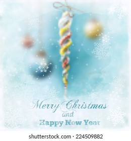 Blurred winter background with blurred Christmas balls and decorations. Vector holiday design.