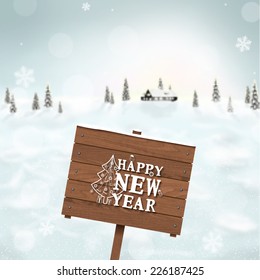 Blurred winter background with forest house, snow landscape and Christmas trees in the distance. Holiday Vector illustration with snowflakes, sky and Xmas label. Wooden plaque with Christmas label.