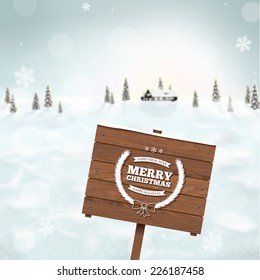 Blurred winter background with forest house, snow landscape and Christmas trees in the distance. Holiday Vector illustration with snowflakes, sky and Xmas label. Wooden plaque with Christmas label.