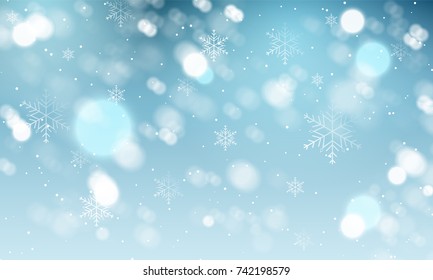 Blurred winter background with snowfall and snowflakes. Vector illustration.