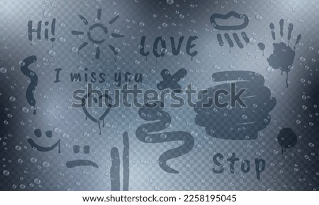 Blurred wiped mirror. Misted glass with lettering. Clean rain. Fresh steam in bathroom. Wet surface. Nature vapor. Aqua condensation. Love heart. Palm print. Vector realistic illustration 商業照片 © 