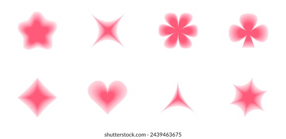 Unscharfe y2k-Grafikelemente. Rosa Gradientenformen von Herzen, Sternen, Blendung für ästhetisches Design