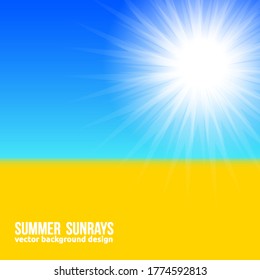 Blurred yellow field and blue sky with summer sunburst background in Ukrainians flag style. Vector sunbeams banner Bright poster, sun rays, sky and beach.