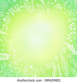 blurred yellow green Summer or Spring background and frame with hand drawn floral elements.