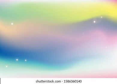 Blurry abstract iridescent holographic foil background with pastel pink purple orange blue color and little stars flairs or bokeh around the picture fairy tale concept