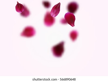 Blurry background with flying pink, red rose petals. Vector illustration
