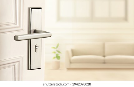 Fondo borroso de media puerta abierta al interior de la sala de estar moderna en ilustración 3d