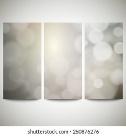 Blurry backgrounds set with bokeh effect. Abstract banners set, template vector.