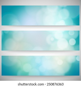 Blurry backgrounds set with bokeh effect. Abstract banners set, template vector.
