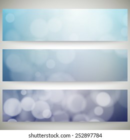 Blurry backgrounds set with bokeh effect. Abstract banners set, template vector.