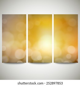 Blurry backgrounds set with bokeh effect. Abstract banners set, template vector.