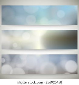 Blurry backgrounds set with bokeh effect. Abstract banners set, template vector.