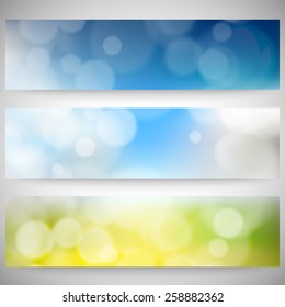 Blurry backgrounds set with bokeh effect. Abstract banners set, template vector. 