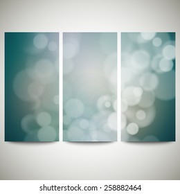Blurry backgrounds set with bokeh effect. Abstract banners set, template vector. 