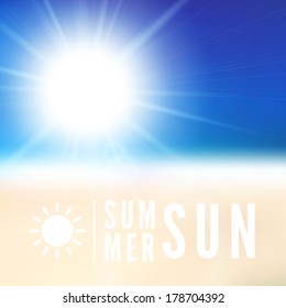 Blurry beach and blue sky with summer sun burst, vector background illustration