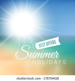 Blurry beach and blue sky with summer sun burst, vector background illustration