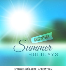 Blurry beach and blue sky with summer sun burst, vector background illustration