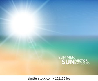 Blurry beach and blue sky with summer sun burst, vector background illustration