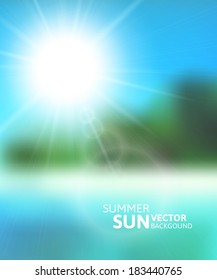 Blurry beach and blue sky with summer sun burst, vector background illustration