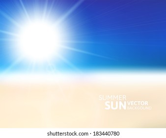Blurry beach and blue sky with summer sun burst, vector background illustration