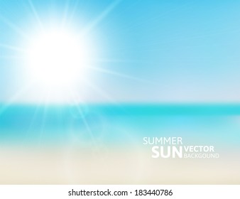 Blurry beach and blue sky with summer sun burst, vector background illustration