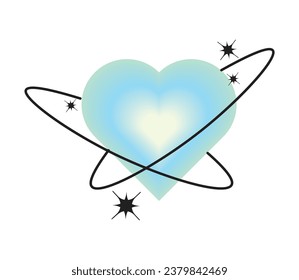 Blurry blue heart aura aesthetic element with linear form and sparkle. Trendy modern y2k style design template. Blurred gradient heart with stars.Vector illustration