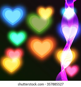 Blurry bright background with coloured hearts
