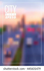 Blurry city sunset background, buildings and cars in traffic, eps vector.