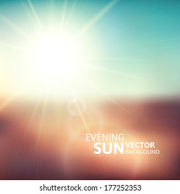 Blurry evening scene with brown field, sun burst, blue and green blur sky, vector illustration