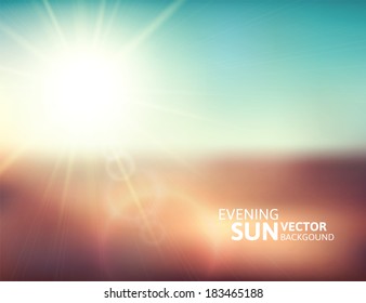 Blurry evening scene with brown field, sun burst, blue and green blur sky, vector illustration