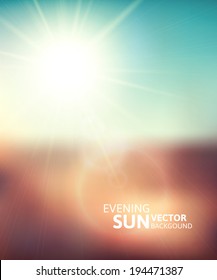 Blurry evening scene with brown field, sun burst, blue and green blur sky, vector illustration