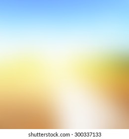 Blurry evening scene with brown field, sun burst, blue and green blur sky, illustration,abstract