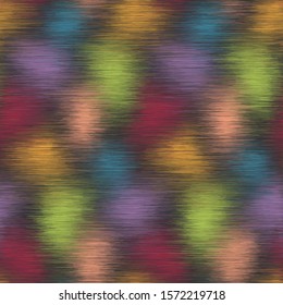 Blurry fuzzy blobs of color seamless repeat vector pattern swatch. Modern ikat style for background or surface design. Bright colors on black.