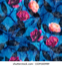 Blurry fuzzy floral ikat seamless repeat vector pattern swatch.  Dark shadowy leaves behind bright pink blooms.  Rose flowers on bright blue.