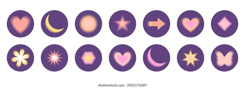 Blurry gradient moon, star, heart, flower, butterfly and other abstract shapes in y2k style. Round violet stickers pack. Vector illustration