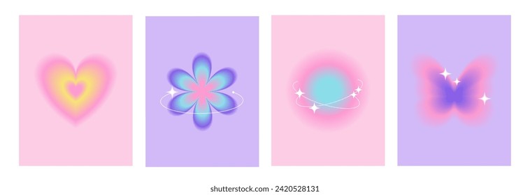 Blurry gradient shapes with white sparkles, abstract posters for social media. Trendy y2k aura backgrounds with flower, butterfly, heart shapes.  Vector   