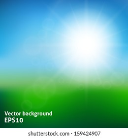Blurry green field and blue sky with summer sun burst. Vector illustration