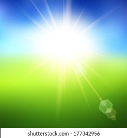 Blurry green field and blue sky with summer sun burst. Vector illustration.